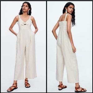 Zara Cream Linen Tie Front Jumpsuit Jumper Romper Jumpsuit L